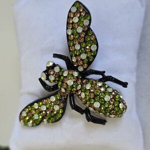 Vintage Bee Brooch Pin Black with Green Rhinestones